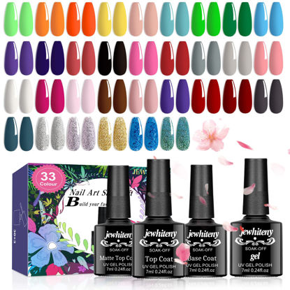 Picture of JEWHITENY 36Pcs Gel Nail Polish Kit,7ml 33 colors popular Gel Nail Polish Set with Glossy and Matte Gel Top Coat Base Coat Nail Art Manicure DIY Salon Gifts