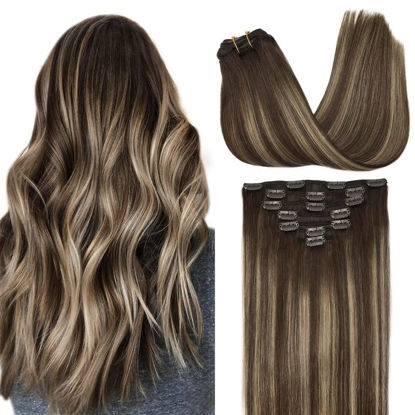 Picture of GOO GOO Clip-in Hair Extensions for Women, Soft & Natural, Handmade Real Human Hair Extensions, Chocolate Brown to Honey Blonde, Long, Straight, 7pcs 120g 24inches