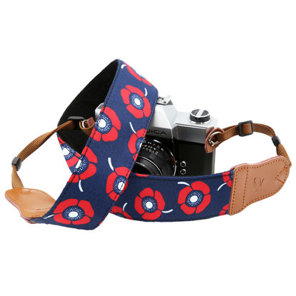 Picture of Padwa Lifestyle Camera Strap - 2" Wide with Double Layer Cowhide Head,Personalized Flower Pure Cotton Camera Shoulder Straps,Adjustable Camera Neck Strap for all DSLR/SLR Cameras(Red Flowers on Blue)