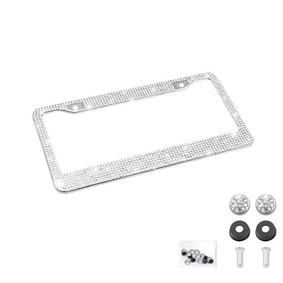 Picture of Bling Car License Plate Frame, Handcrafted Crystal Stainless Steel License Plate Frame, Sparkly, Durable, Universal Fit, Car Accessories for Girls, Women (White)