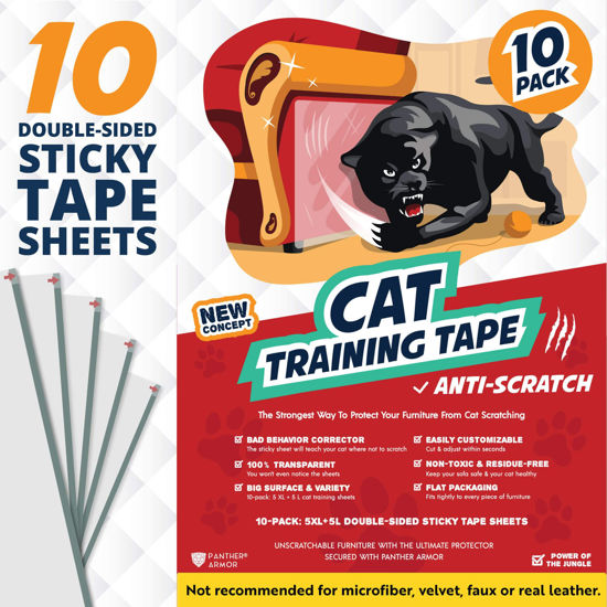 Picture of Panther Armor 10(Ten)-Pack Cat Scratch Deterrent Tape - Double Sided Anti Cats Scratching Sticky Tape - 5-Pack XL 16" L 12" W + 5-Pack Large 17" L 10" W Furniture Protectors - Clear Training Tape