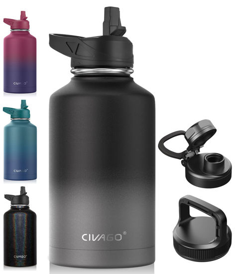 Picture of CIVAGO 64 oz Insulated Water Bottle With Straw, Half Gallon Stainless Steel Sports Water Flask Jug with 3 Lids (Straw, Spout and Handle Lid), Large Metal Thermo Cup Mug, Gradient Black Gray