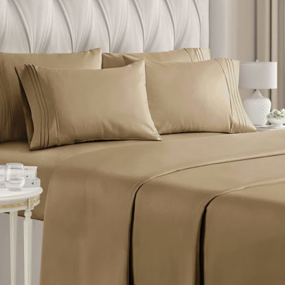 Picture of King Size Sheet Set - 6 Piece Set - Hotel Luxury Bed Sheets - Extra Soft - Deep Pockets - Easy Fit - Breathable & Cooling Sheets - Wrinkle Free - Tan - Beige Bed Sheets - Kings Sheets - 6 PC