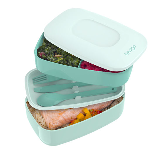 Picture of Bentgo Classic - All-in-One Lunch Box - Modern Bento-Style Design Includes 2 Stackable Containers, Built-in Plastic Utensil Set, and Nylon Sealing Strap (Coastal Aqua)