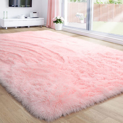 Picture of Pink Area Rug for Girls Bedroom,Fluffy Shag 4'X6' Living Room,Furry Carpet Kids Room,Shaggy Throw Nursery Room,Fuzzy Plush Dorm,Pink Carpet,Cute Room Decor Baby