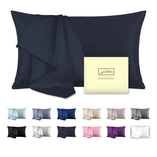 Picture of Natural Mulberry Silk Pillowcase for Hair and Skin Silk Pillow Case with Hidden Zipper Soft Breathable Smooth Cooling Silk Pillow Covers for Sleeping(Navy Blue,Standard,1Pcs)