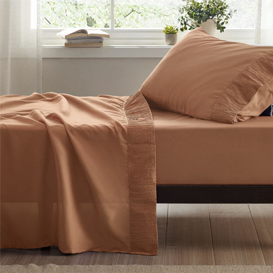 Picture of Bedsure Twin XL Sheets Dorm Bedding - Soft 1800TC Extra Long Twin Bed Sheets, 3 Pieces Hotel Luxury Burnt Orange Sheets Twin XL, Easy Care Microfiber Sheet Set