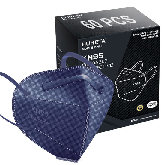 Picture of HUHETA KN95 Face Mask 60 PCs, 5-Ply Safety Masks for Men and Women, Filter Efficiency Over 95% (Royal Blue Mask)