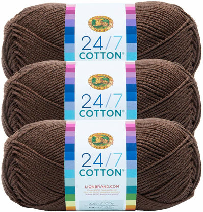 Picture of Lion Brand 24/7 Cotton Yarn, Yarn for Knitting, Crocheting, and Crafts, Café Au Lait, Pack of 3