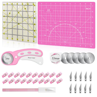 Picture of 39 Pcs Rotary Cutter Set Pink - Quilting Kit incl. 45mm Fabric Cutter with 5 Extra Blades, A4 Cutting Mat, Craft Knife Set, Quilting Ruler and Sewing Clips, Ideal for Crafting, Sewing, Patchworking
