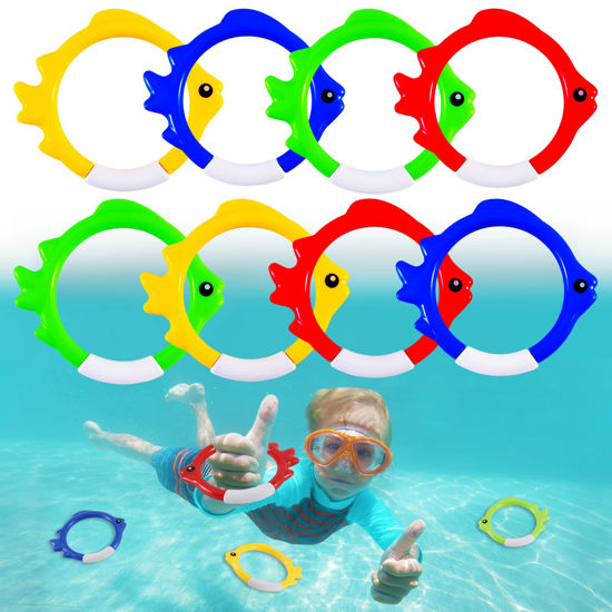 Picture of Woplagyreat 8 Pack Diving Rings Pool Swimming Toys for Kids, Fun Swim Summer Games Set, Underwater Dive Gifts for Boys Girls Toddlers Yellow Red Green Blue