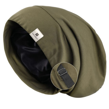 Picture of YANIBEST Silk Satin Bonnet Hair Cover Sleep Cap - Olive Green Adjustable Stay on Silk Lined Slouchy Beanie Hat for Night Sleeping