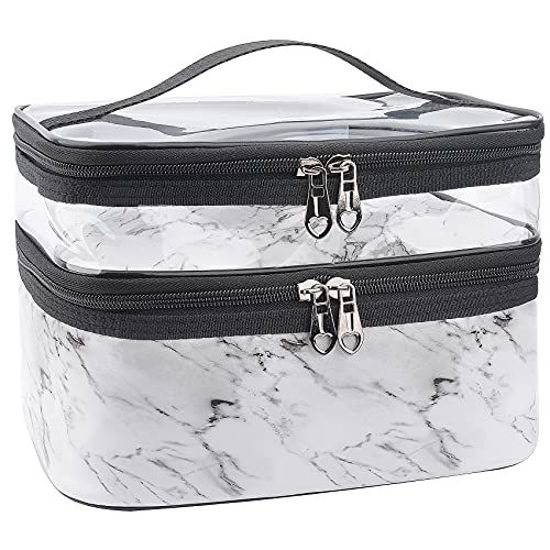 Picture of MKPCW Makeup Bags Double layer Travel Cosmetic Cases Make up Organizer Toiletry Bags (White marble)