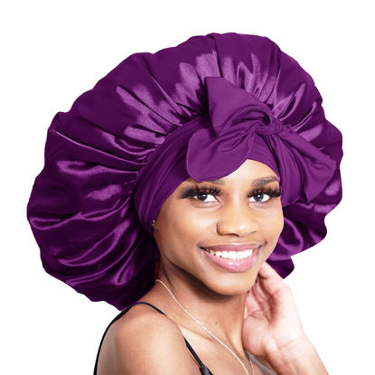 Picture of BONNET QUEEN Silk Bonnet for Sleeping Satin Bonnet Hair Bonnet Adjustable Bonnet Huge Bonnet Tie Bonnets XL Large Bonnets for Curly Hair Wig Braids Purple