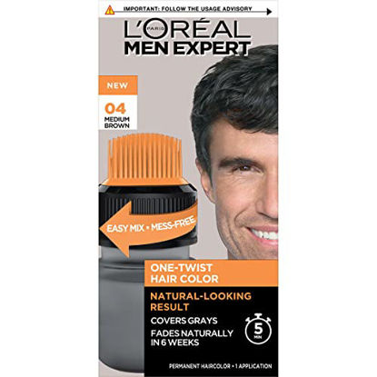 Picture of L’Oreal Paris Men Expert One Twist Mess Free Permanent Hair Color, Mens Hair Dye to Cover Grays, Easy Mix Ammonia Free Application, Medium Brown 04, 1 Application