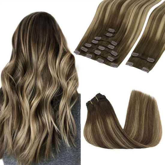 Picture of GOO GOO Clip-in Hair Extensions for Women, Soft & Natural, Handmade Real Human Hair Extensions, Chocolate Brown to Honey Blonde, Long, Straight (T4B/26) P4B, 9pcs 150g 22inch