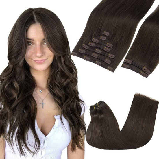 Picture of GOO GOO Clip-in Hair Extensions for Women, Soft & Natural, Handmade Real Human Hair Extensions, Light Brown, Long, Straight 2A#, 9pcs 150g 18inch