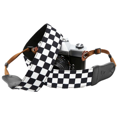 Picture of Black and White Plaid Camera Strap - 2"Wide with Double Layer Cowhide Head,Personalized Cotton Camera Shoulder Straps,Grid Pattern Adjustable Camera Neck Strap for all Cameras,Gift for Photographers