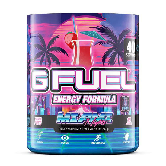 Picture of G Fuel Miami Nights Strawberry Pina Colada Flavored Game Changing Elite Energy Powder, Sharpens Mental Focus and Cognitive Function, Zero Sugar, Supports Immunity and Enhances Mood 9.8 oz (40 servings)