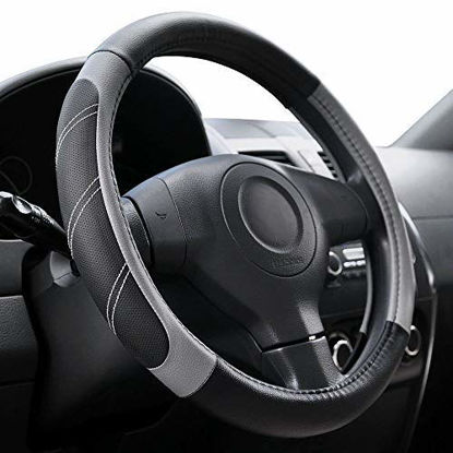 Picture of Elantrip Leather Large Steering Wheel Cover 15 1/2 to 16 inch Soft Grip Breathable for Car Truck SUV Jeep Anti Slip Black and Gray