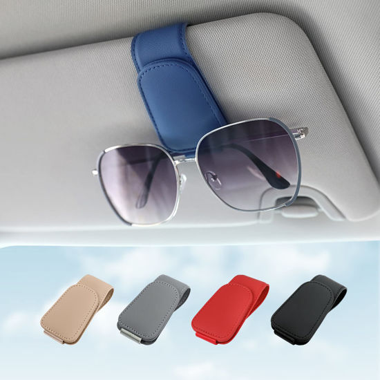 Picture of KanSmart Sunglass Holder for Car Visor Sunglasses Clip Magnetic Leather Glasses Eyeglass Holder Truck Car Interior Accessories Universal for Woman Man -Blue