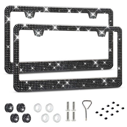 Picture of HOTOR License Plate Frame - Lastingly Bling License Plate Holder, Sparkly License Plate Frame for Women, Stainless Steel & Obstruction-Free Black License Plate Frame with Multifaceted Rhinestones