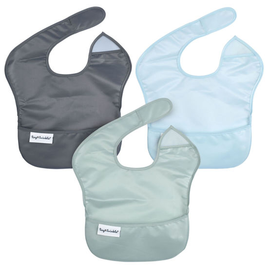 Picture of Tiny Twinkle Mess-Proof Baby Bib - Waterproof Bib for Baby Boy or Girl - Machine Washable - Adjustable Closure- PVC, BPA, & Phthalate Free - Great for Travel - Baby Food Bibs (3 Pack, Sage Charcoal)