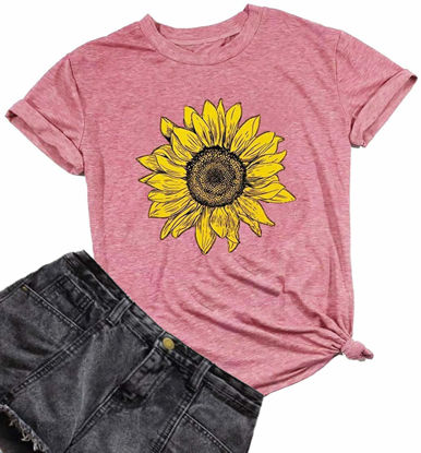 Picture of GLIGLITTR Women's Summer Sunflower T Shirt Cute Flower Graphic Loose Tees Crew Neck Short Sleeve Casual Tops(Pink,Large)