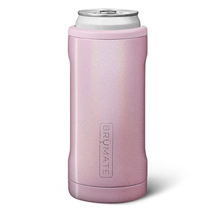 Picture of BrüMate Hopsulator Slim Can Cooler Insulated for 12oz Slim Cans | Skinny Can Coozie Insulated Stainless Steel Drink Holder for Hard Seltzer, Beer, Soda, and Energy Drinks (Glitter Blush)