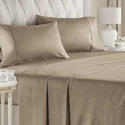 Picture of Cal King Size Sheet Set - Breathable & Cooling - Softer Than Jersey Cotton - Same Look as Jersey Knit Sheets & T-Shirt Sheets - Deep Pockets - 4 Piece Set - Wrinkle Free - Heathered Beige - 4PC