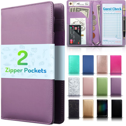 Picture of Server Book with 2 Zipper Pockets, Leather Server Books for Waitress, Waiter Book, Durable Waitress Book with Money Pocket and Zipper, Waiter Wallet Server Booklet Checkbook Fit Server Apron (Purple)