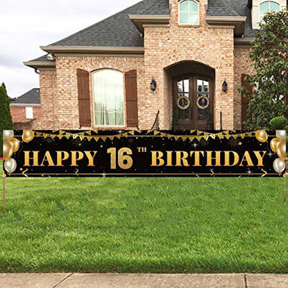 Picture of Large Happy 16th Birthday Decoration Banner, Black and Gold Happy 16th Birthday Banner Sign, 16th Birthday Party Decorations Supplies(9.8x1.6ft)