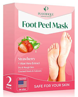 Picture of PLANTIFIQUE Foot Peel Mask with Strawberry 2 Pack Foot Mask Dermatologically Tested - Repair Heels & Removes Dry Dead Skin for Soft Baby Feet - Exfoliating Foot Peel Mask for Hard Skin - Peeling