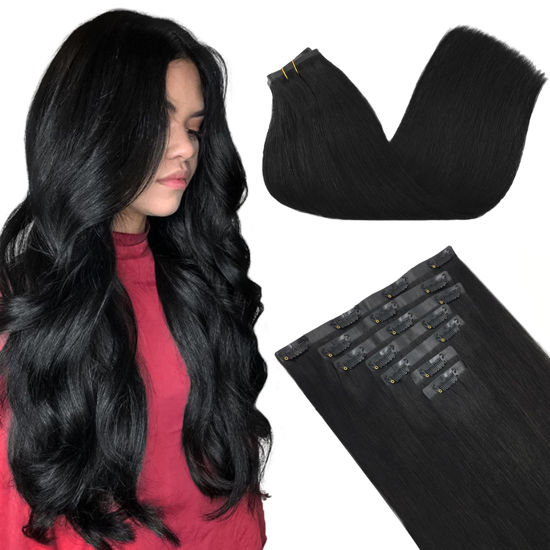 Picture of GOO GOO Seamless Clip In Hair Extensions Remy Real Human Hair Extension with Invisible PU Skin Weft 22 Inch 150g 7pcs Jet Black Natural & Thick & Straight Hair Extensions for Women