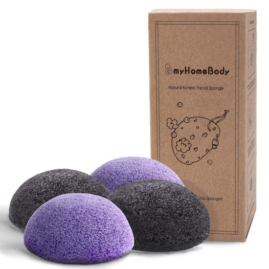 Picture of myHomeBody Natural Konjac Facial Sponges - for Gentle Face Cleansing and Exfoliation (2 Lavender Purple, 2 Charcoal Gray)