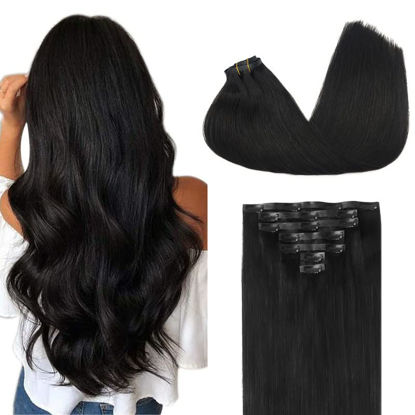 Picture of GOO GOO Seamless Clip In Hair Extensions Remy Real Human Hair Extension with Invisible PU Skin Weft 14inch Natural black Natural & Thick & Straight Hair Extensions for Women