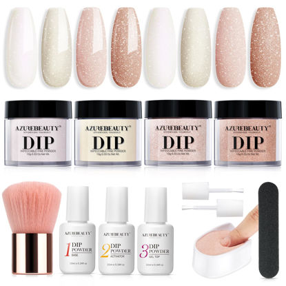 Picture of AZUREBEAUTY Dip Powder Nail Kit Starter, All Season Nude Skin Pearlescent Shell Glitter 4 Colors Dipping Powder Liquid Set Recycling Tray with Base & Top Coat Activator for Salon Home DIY Manicure