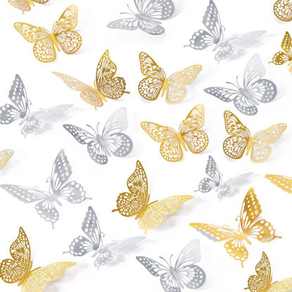 Picture of SAOROPEB 3D Butterfly Wall Decor 48 Pcs 4 Styles 3 Sizes-White Butterfly Birthday Decorations&Butterfly Party Decorations&Butterfly Cake Decorations-Removable Gold Butterfly Decorations (Gold, Silver)