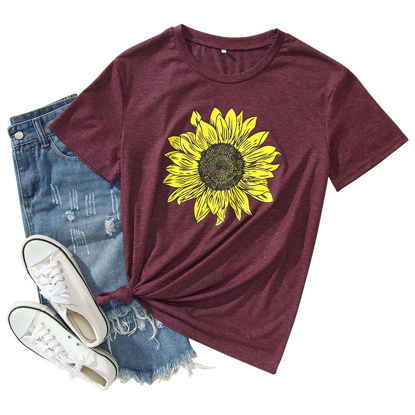 Picture of GLIGLITTR Women's Summer Sunflower T Shirt Cute Flower Graphic Loose Tees Crew Neck Short Sleeve Casual Tops(Magenta,Large)