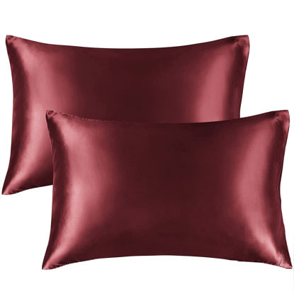 Picture of BEDELITE Satin Pillowcase for Hair and Skin, King Pillow Cases Set of 2 Pack Super Soft Silky Burgundy Pillow Case with Envelope Closure (20x40 Inches)