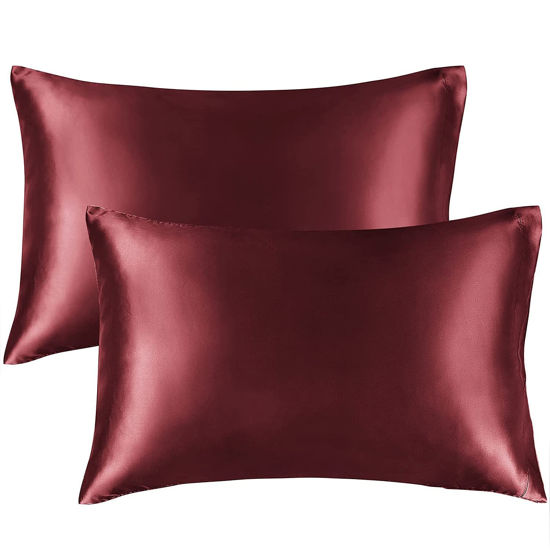 Picture of BEDELITE Satin Pillowcase for Hair and Skin, King Pillow Cases Set of 2 Pack Super Soft Silky Burgundy Pillow Case with Envelope Closure (20x40 Inches)