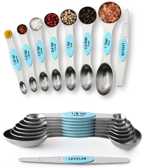 Picture of Spring Chef Magnetic Measuring Spoons Set, Dual Sided, Stainless Steel, Fits in Spice Jars, Blue - Aqua Sky, Set of 8, 2 Pack