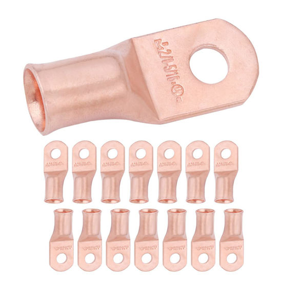 Picture of SELTERM 15pcs 2/0 AWG 5/16" Stud - UL Heavy Duty Battery Terminal Connectors, Bare Copper Battery Cable Lugs, 00 Gauge Wire Connectors, Electrical Battery Cable Ends, Ring Terminals Copper Lugs