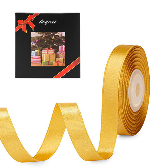 Picture of Solid Color Double Faced Gold Satin Ribbon 1/2" X 25 Yards, Ribbons Perfect for Crafts, Wedding Decor, Bow Making, Sewing, Gift Package Wrapping and More