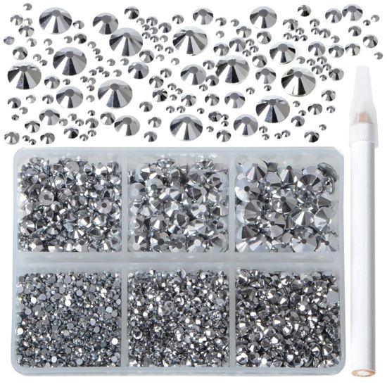 Picture of Bymitel 5000 Pieces 6 Mixed Sizes Glue Fix on Glass Rhinestones Round Crystal Gems Flatback for DIY Jewelry Making with one Picking Pen(6-Sizes 5000PCS, Labrdor)