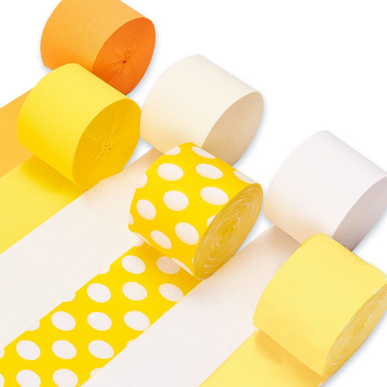 Picture of PartyWoo Crepe Paper Streamers 6 Rolls 492ft, Pack of Orange, Dot, Yellow, Pastel Yellow, Ivory and White Crepe Paper for Birthday Decorations, Baby Shower Decorations (1.8 Inch x 82 Ft/Roll)