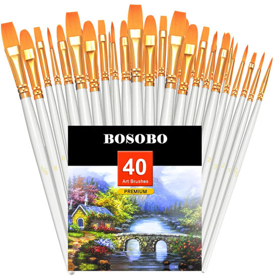 Picture of BOSOBO Paint Brushes Set, 4 Pack 40 Pcs Round Pointed Tip Paintbrushes Nylon Hair Artist Acrylic Paint Brushes for Acrylic Oil Watercolor, Face Nail Art, Miniature Detailing & Rock Painting, White