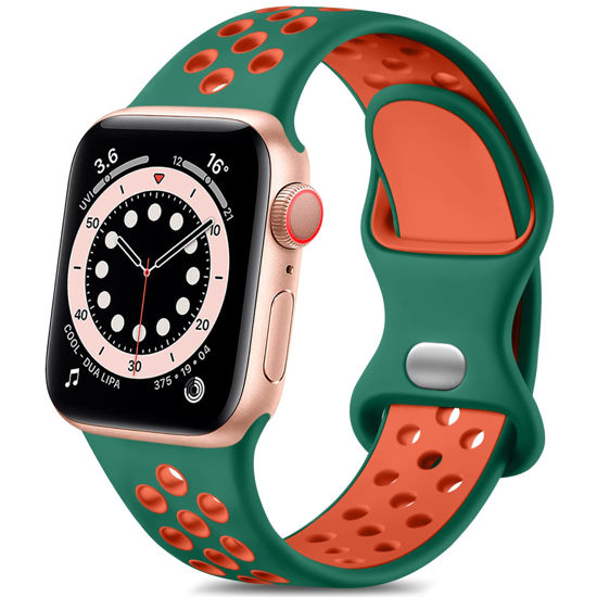 Picture of Lerobo Sport Bands Compatible for Apple Watch Series 7 Band 41mm 38mm 40mm,Stylish Soft Silicone Replacement Strap for iWatch SE Series 8 Series 6 5 4 3 2 1 Women Men,PineGreen/Tangerine,M/L