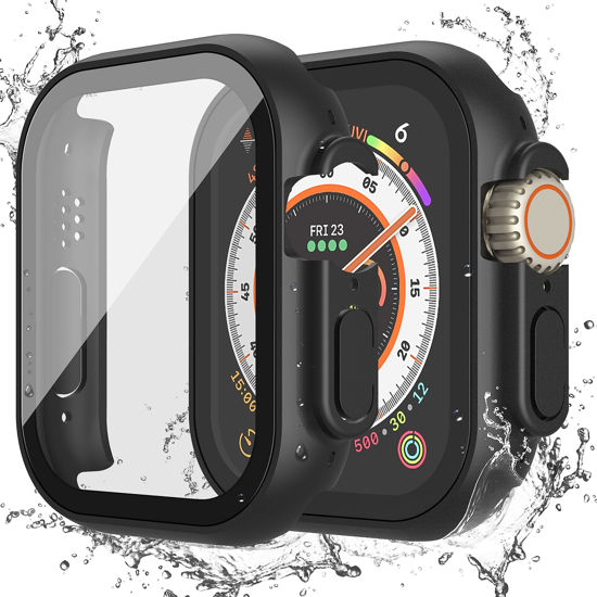 Picture of Misxi [2 Pack] Waterproof Case with Button Designed for Apple Watch Ultra 49mm, Anti-Fall Protective Hard PC Cover with Tempered Glass Screen Protector for iWatch, Black