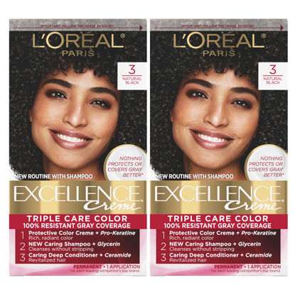 Picture of L'Oreal Paris Excellence Creme Permanent Hair Color, 3 Natural Black, 100 percent Gray Coverage Hair Dye, Pack of 2